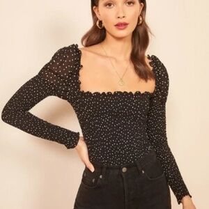 Reformation Elisabetta Black and White Polka Dot Blouse